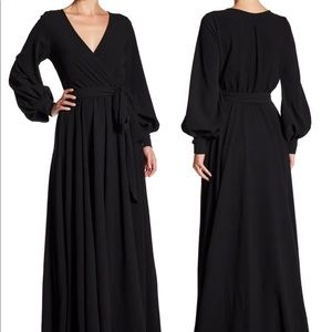Solid Wrap Maxi Dress MEGHAN LA Black XL Balloon Sleeves, Pearl Cuffs